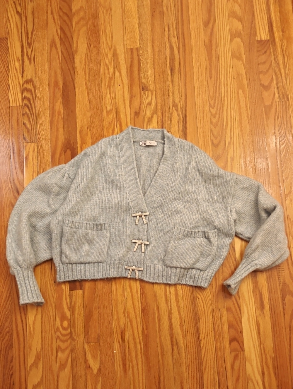 Zara Light Blue Cropped Cardigan with Silver Gem Bow Closures